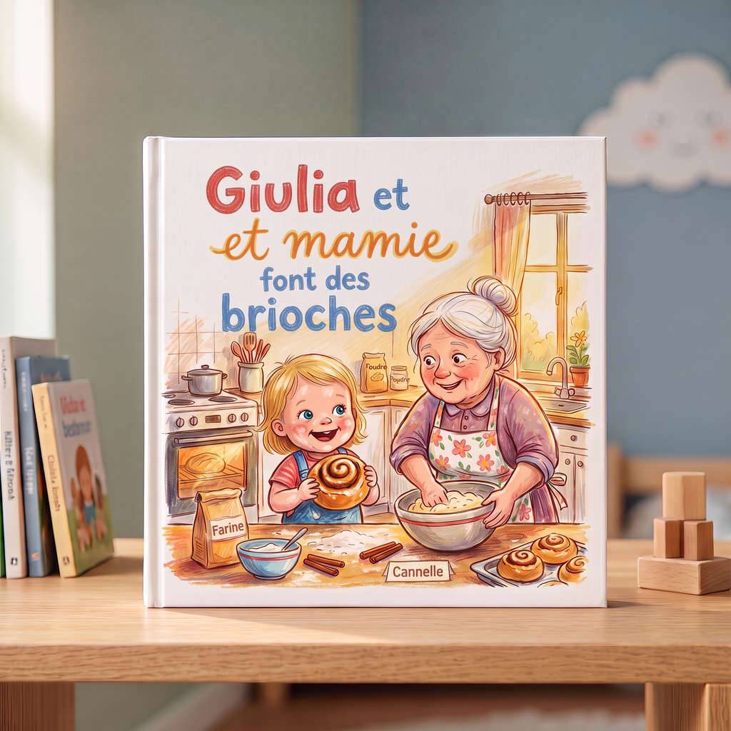 Livre fermé « Giulia et et mamie font des brioches » sur fond neutre