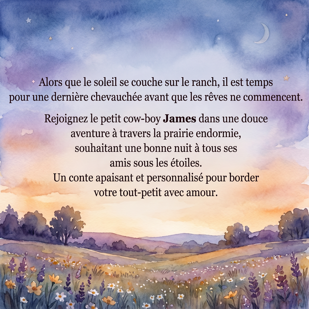 Quatrième de couverture illustrée d’une prairie au crépuscule, avec le texte français présentant l’aventure de James.