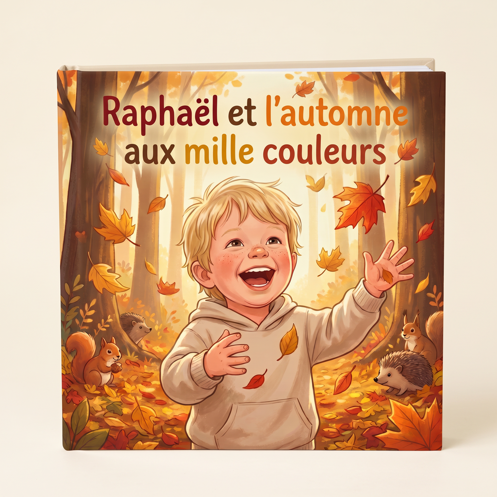 Livre fermé « Raphaël et l’automne aux mille couleurs » sur fond neutre