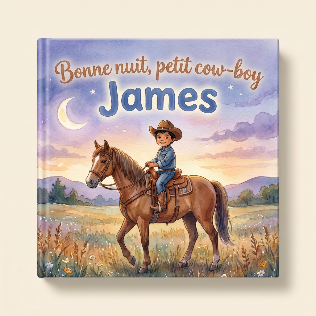 Livre fermé sur fond crème, avec James à cheval sous un ciel étoilé et le titre « Bonne nuit, petit cow-boy James ».