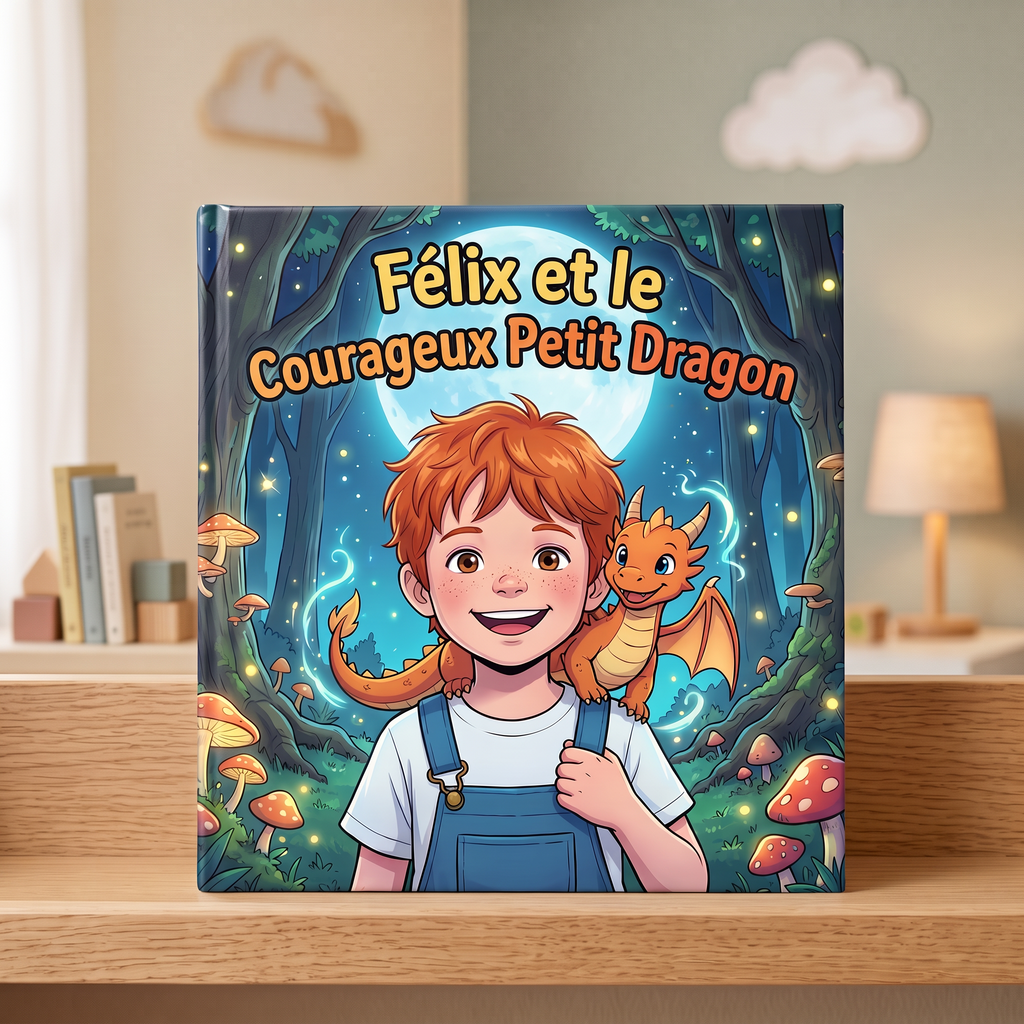 Livre fermé « Félix et le Courageux Petit Dragon » sur fond neutre