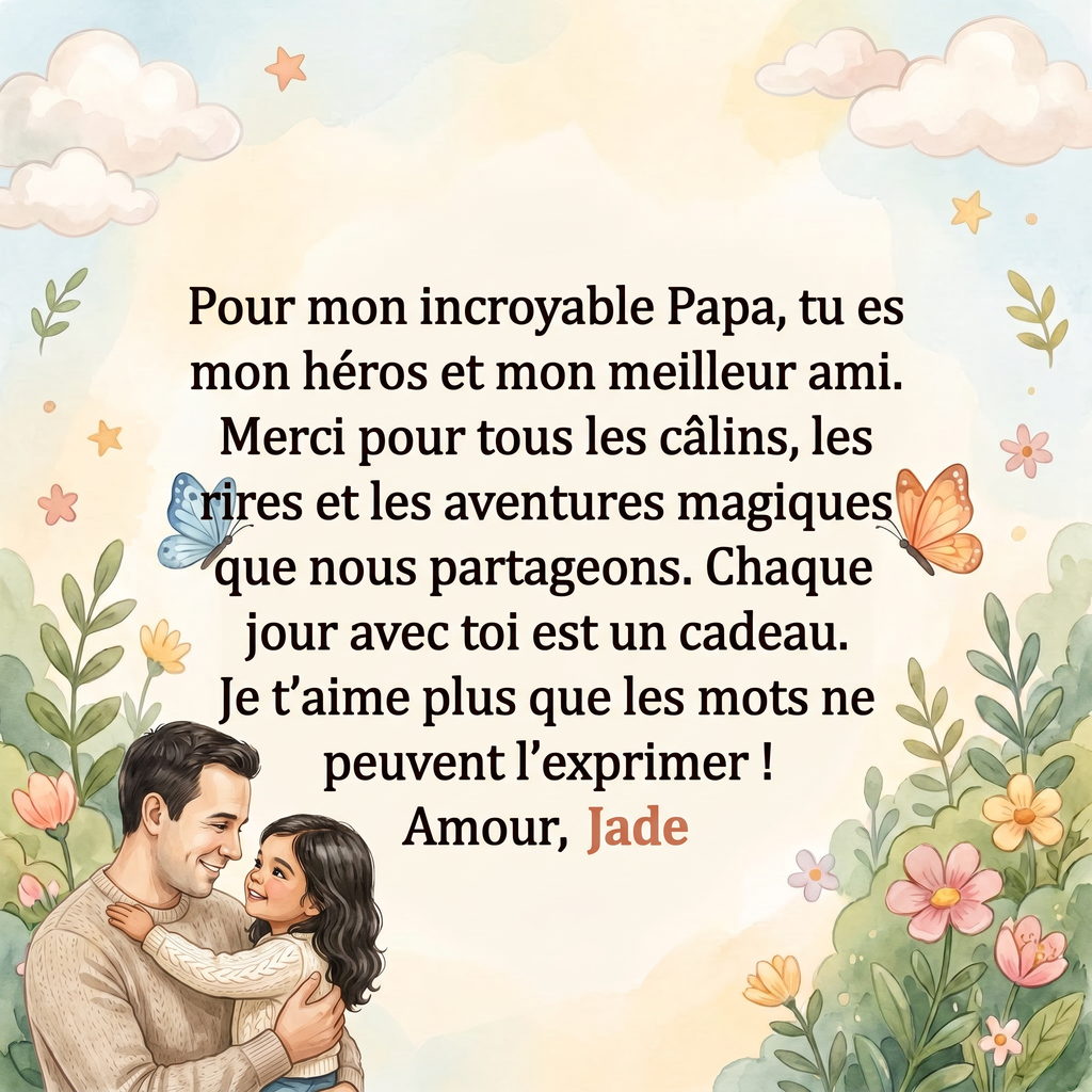 Quatrième de couverture de « Jade aime PAPA » avec un message à papa.