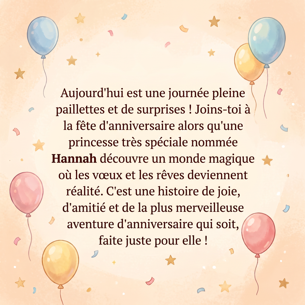 Quatrième de couverture de « L’anniversaire magique de Hannah » avec le résumé de l’aventure