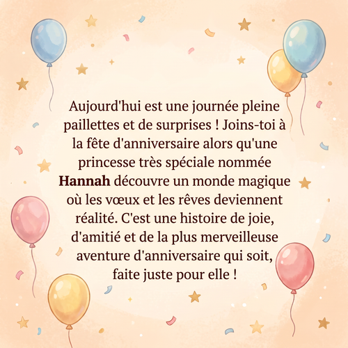 Quatrième de couverture de « L’anniversaire magique de Hannah » avec le résumé de l’aventure