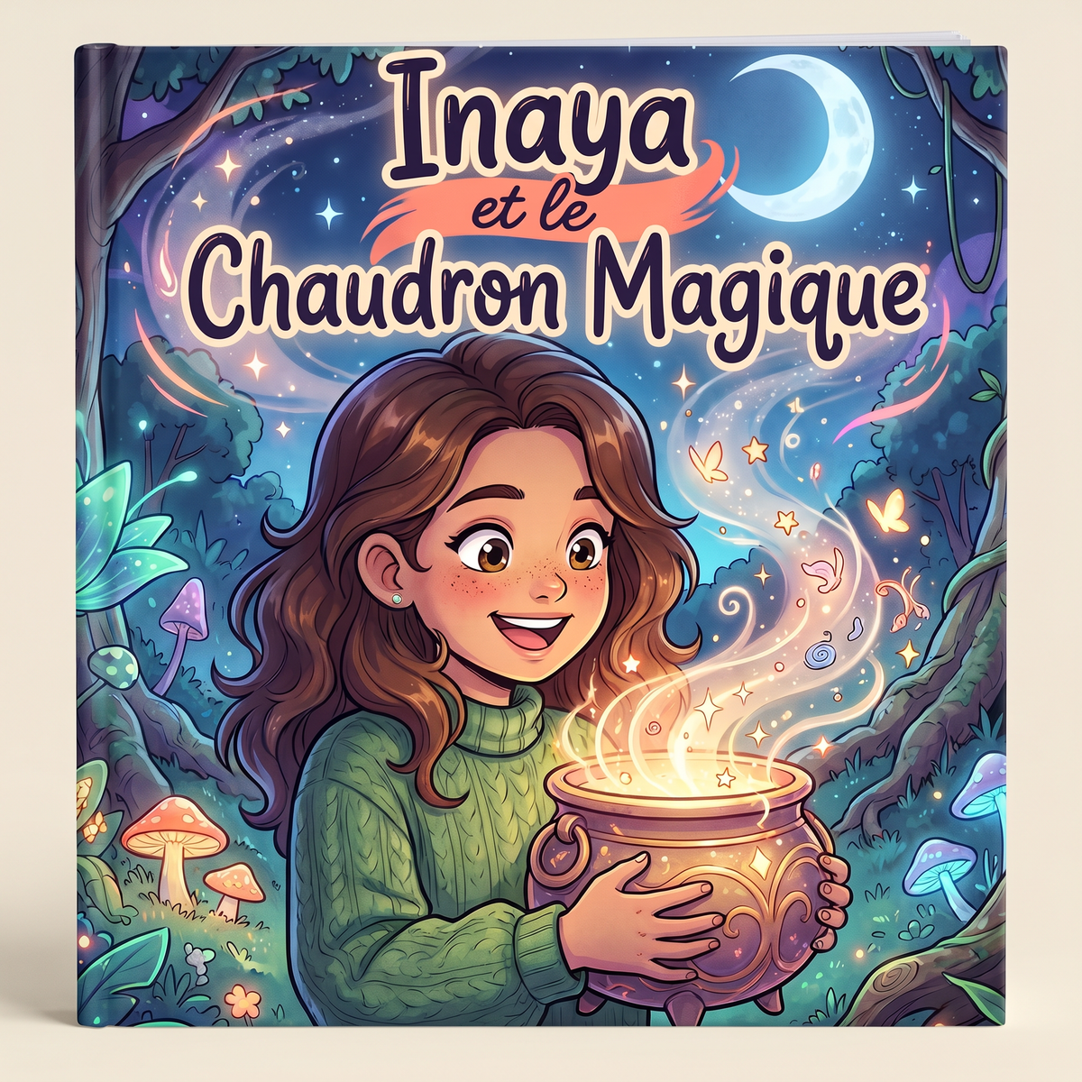 Livre fermé « Inaya et le Chaudron Magique » sur fond neutre
