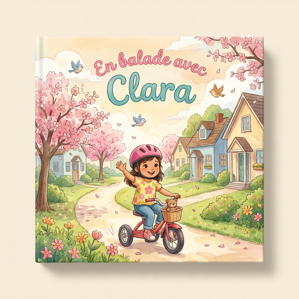 Livre personnalisé fermé sur fond clair, intitulé « En balade avec Clara », avec Clara à vélo sur la couverture.