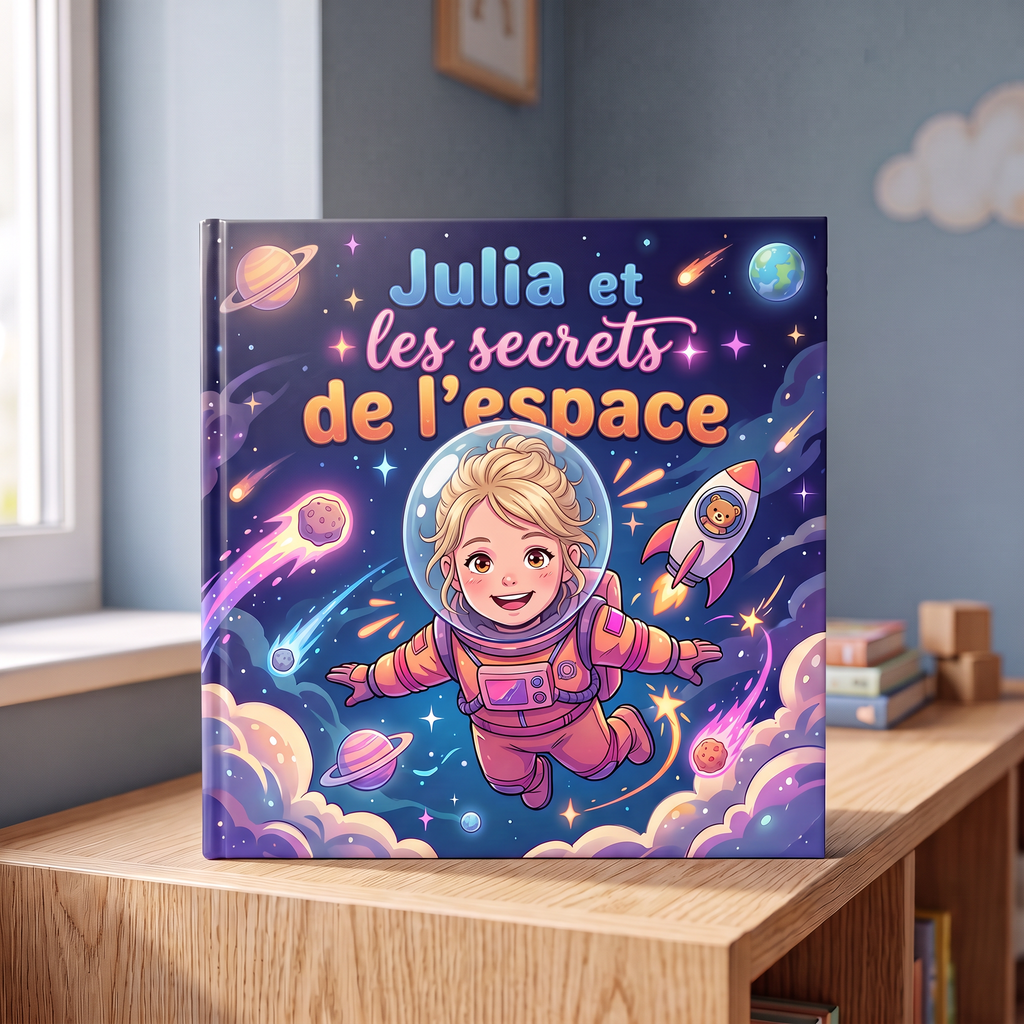 Livre fermé « Julia et les secrets de l'espace » sur fond neutre