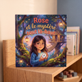 Livre fermé « Rose et le mystère tout là-haut » sur fond neutre