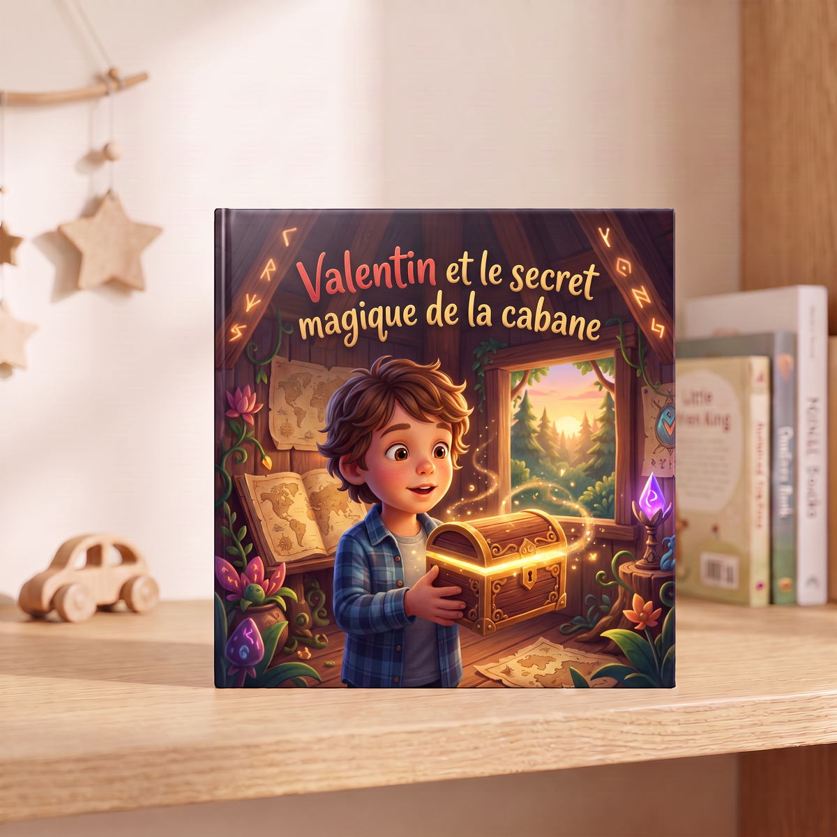 Livre fermé « Valentin et le secret magique de la cabane » sur fond neutre