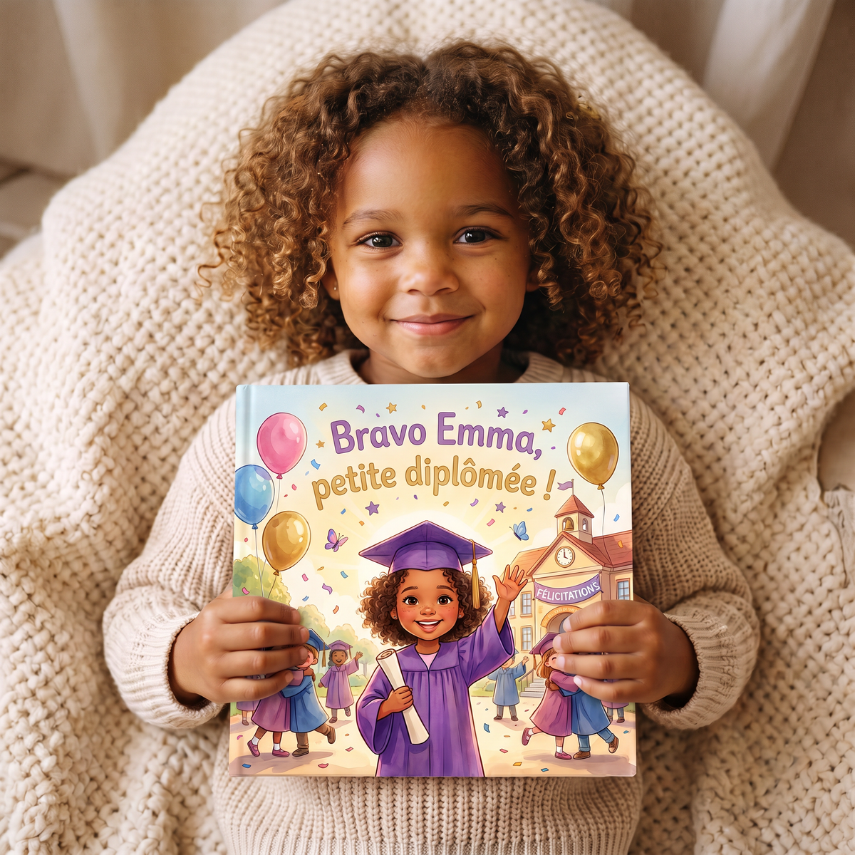 Couverture illustrée montrant Emma en tenue de diplômée devant son école.