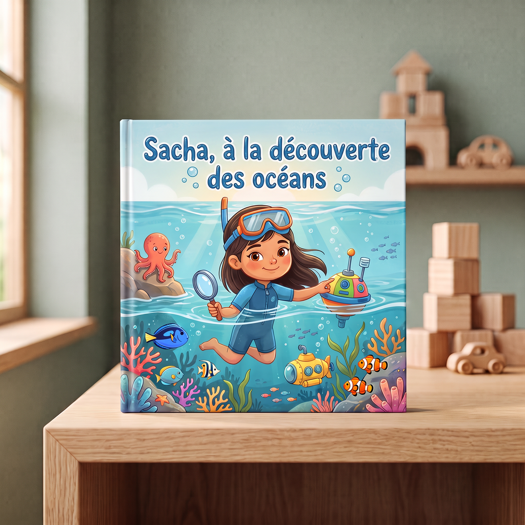 Livre fermé « Sacha, à la découverte des océans » sur fond neutre