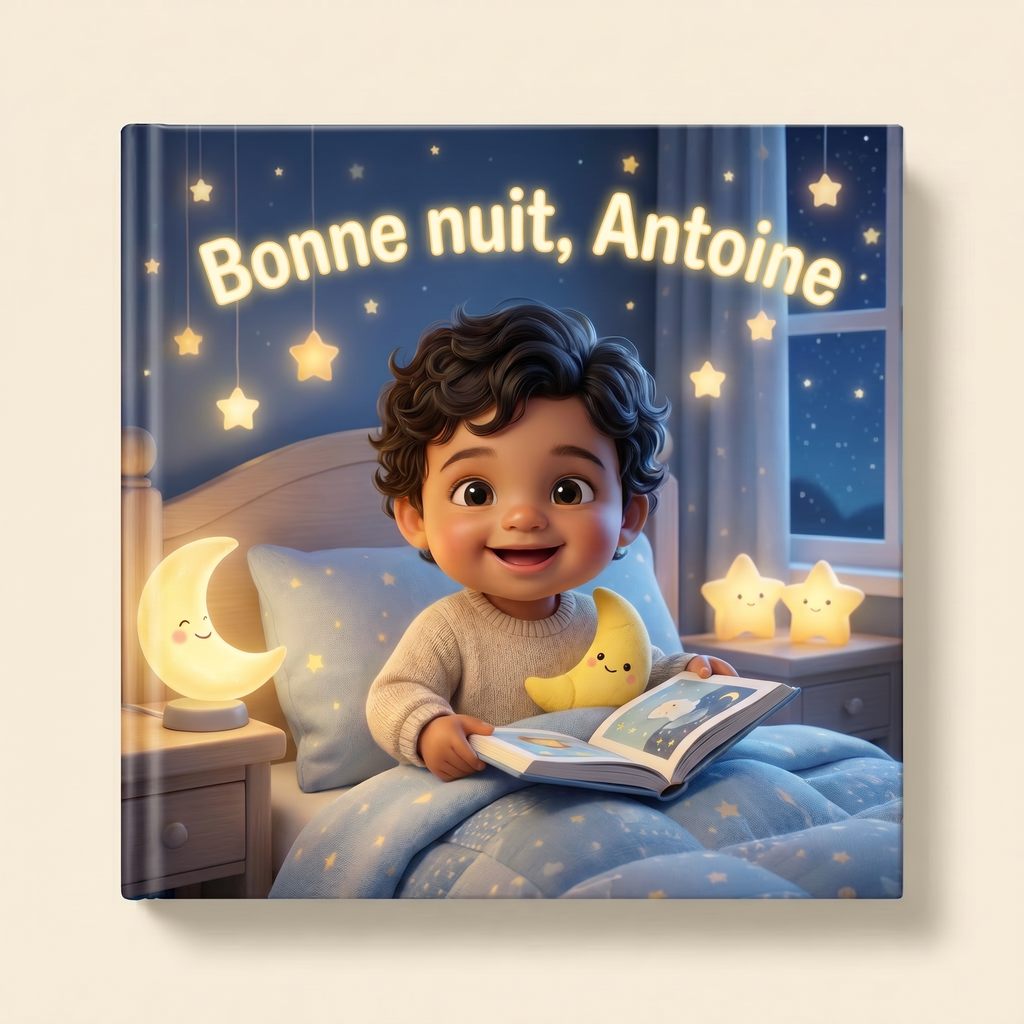 Livre personnalisé « Bonne nuit, Antoine » sur fond clair et neutre