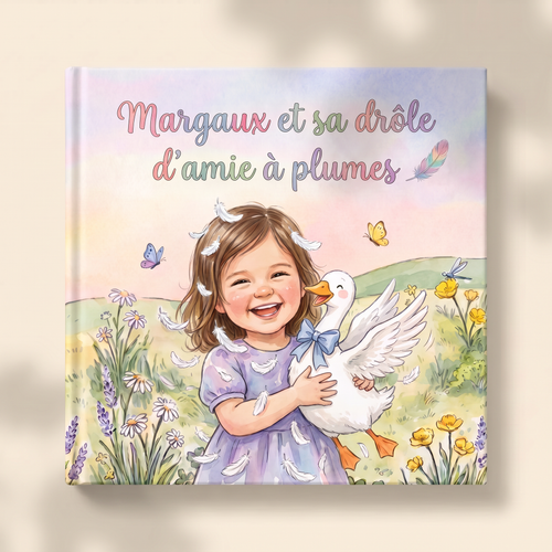 Livre personnalisé « Margaux et sa drôle d’amie à plumes » sur fond clair et neutre