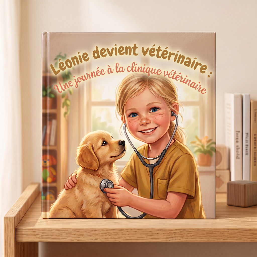 Livre fermé « Léonie devient vétérinaire: Une journée à la clinique vétérinaire » sur fond neutre