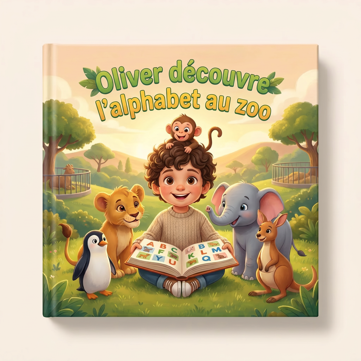 Livre personnalisé « Oliver découvre l’alphabet au zoo » sur fond clair et neutre