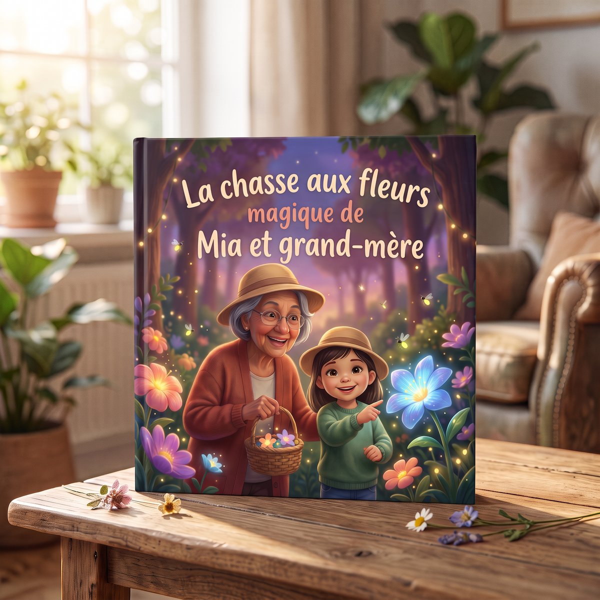 Livre fermé « La chasse aux fleurs magique de Mia et grand-mère » sur fond neutre