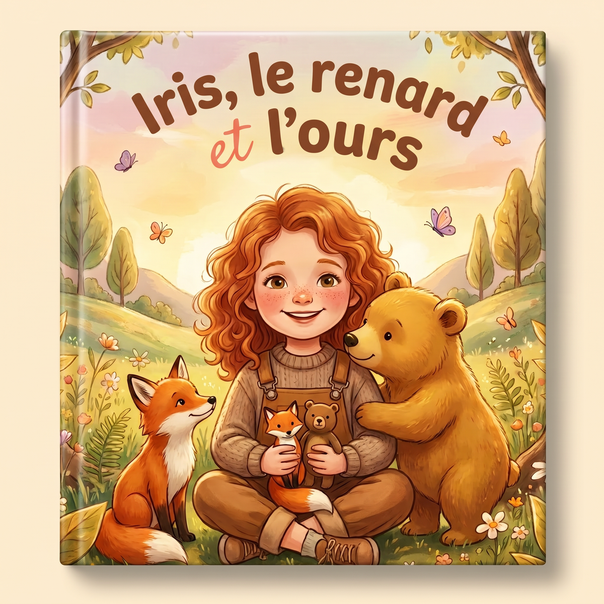 Livre personnalisé « Iris, le renard et l’ours » sur fond clair et neutre