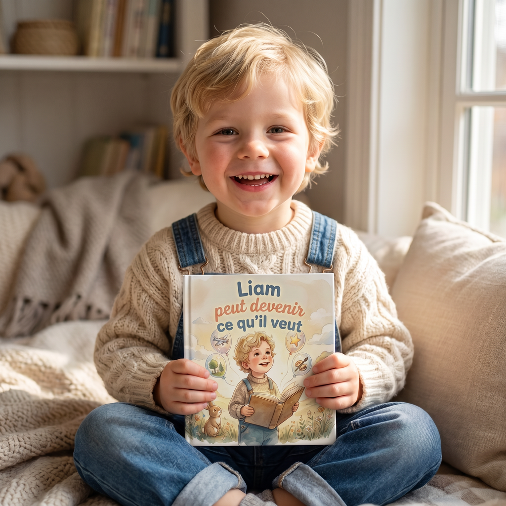 Livre sur l’imagination présenté avec Liam sur la couverture.