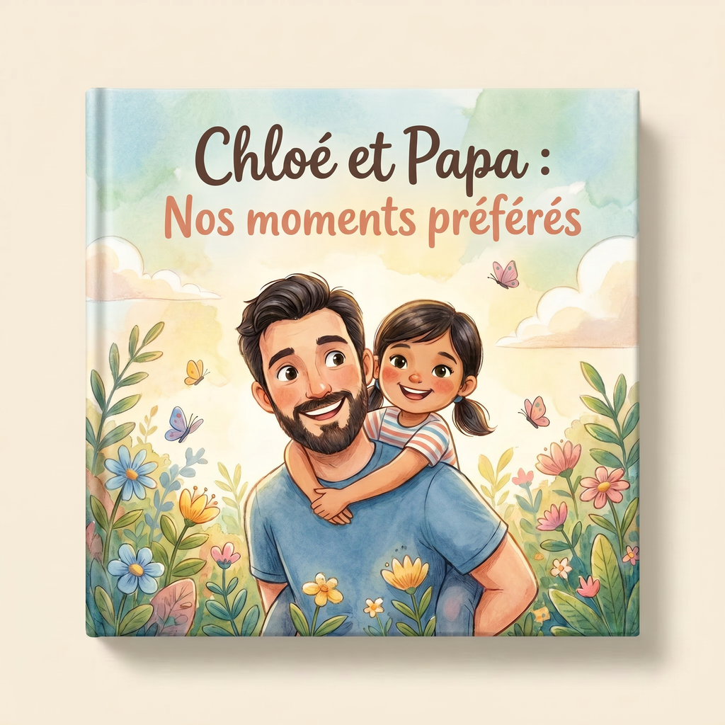Livre personnalisé « Chloé et Papa: nos moments préférés » sur fond clair et neutre