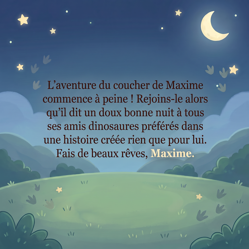 Quatrième de couverture de « Bonne nuit, Maxime! Bonne nuit, les dinos! »