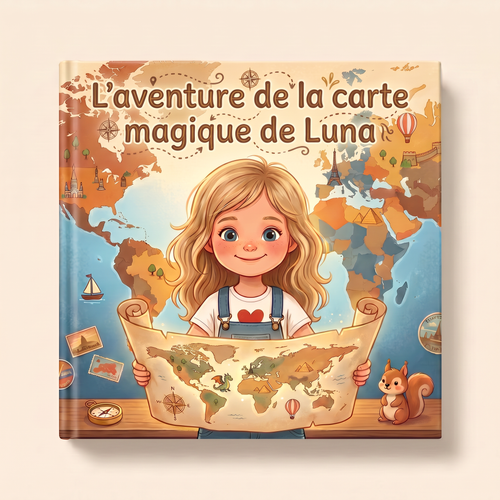 Livre personnalisé « L’aventure de la carte magique de Luna » sur fond clair et neutre