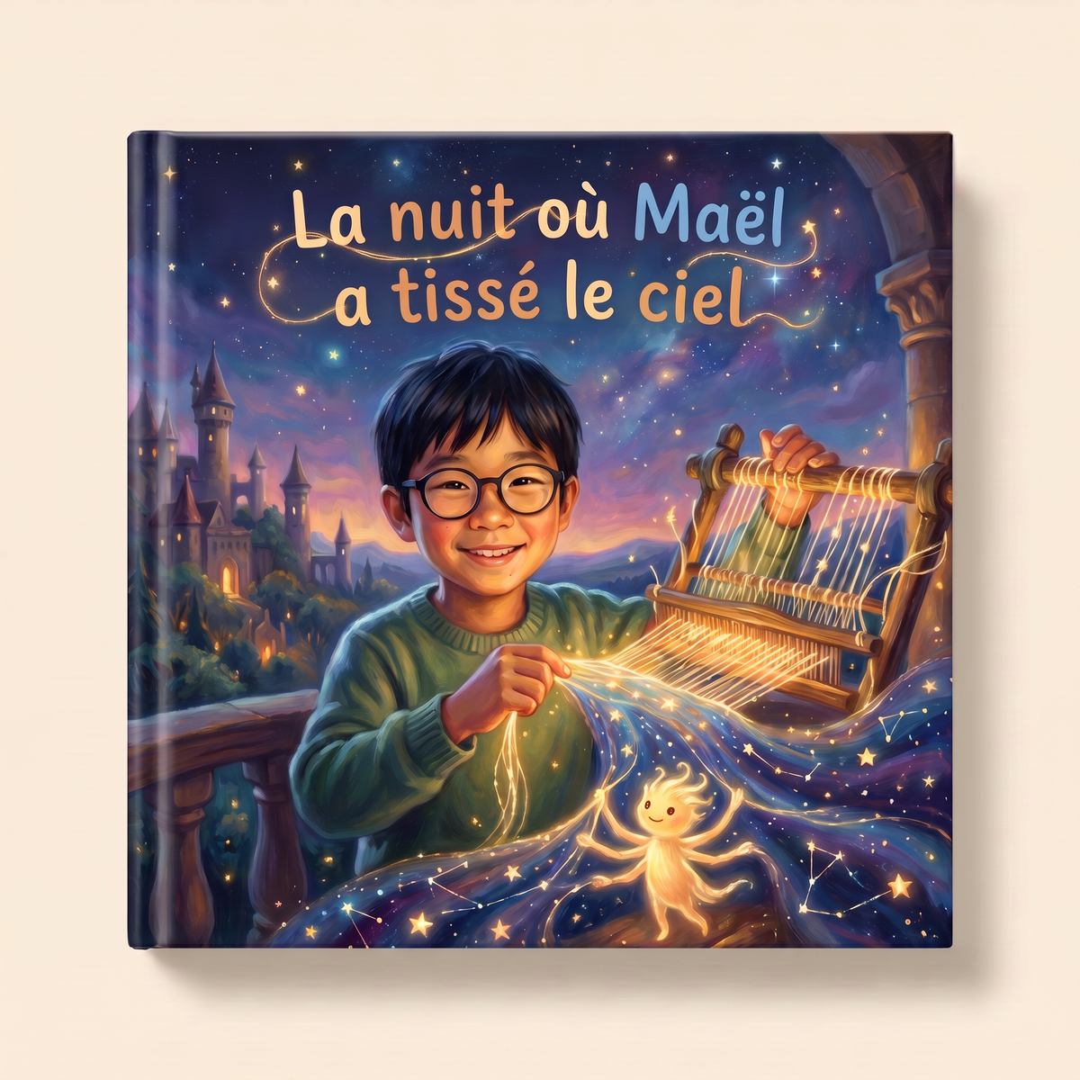 Livre personnalisé « La nuit où Maël a tissé le ciel » sur fond clair et neutre