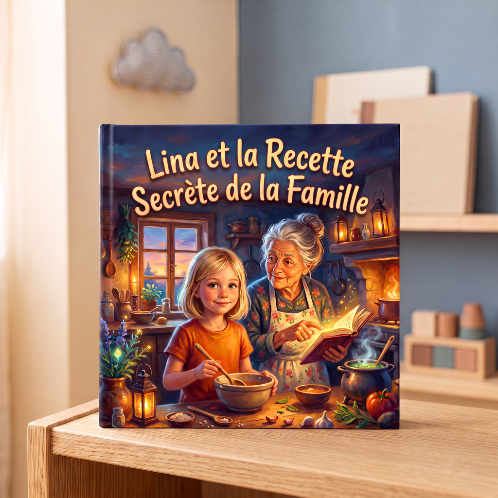 Livre fermé « Lina et la Recette Secrète de la Famille » sur fond neutre