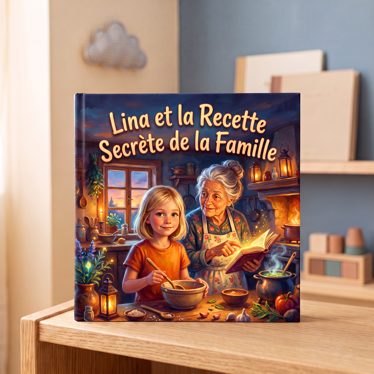Livre fermé « Lina et la Recette Secrète de la Famille » sur fond neutre