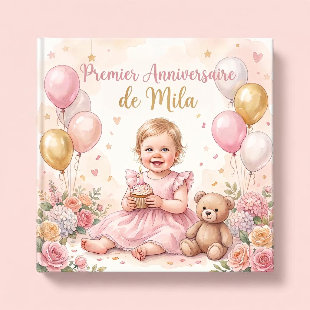Livre fermé « Premier Anniversaire de Mila » sur fond neutre