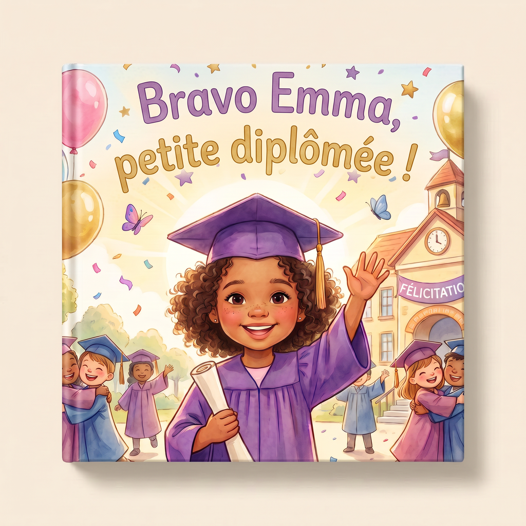 Livre fermé intitulé « Bravo Emma, petite diplômée ! », avec Emma en toge et toque violettes.