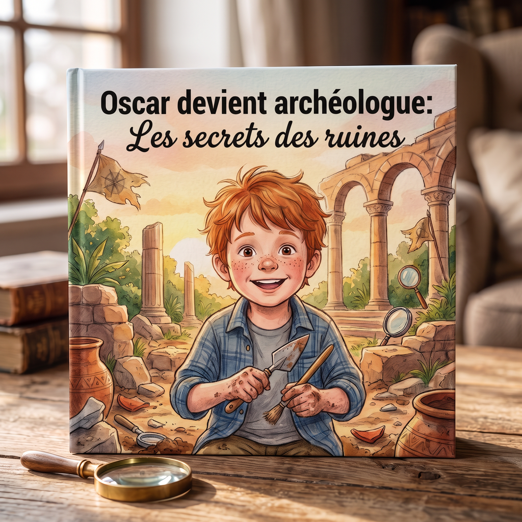 Livre fermé « Oscar devient archéologue : Les secrets des ruines » sur fond neutre