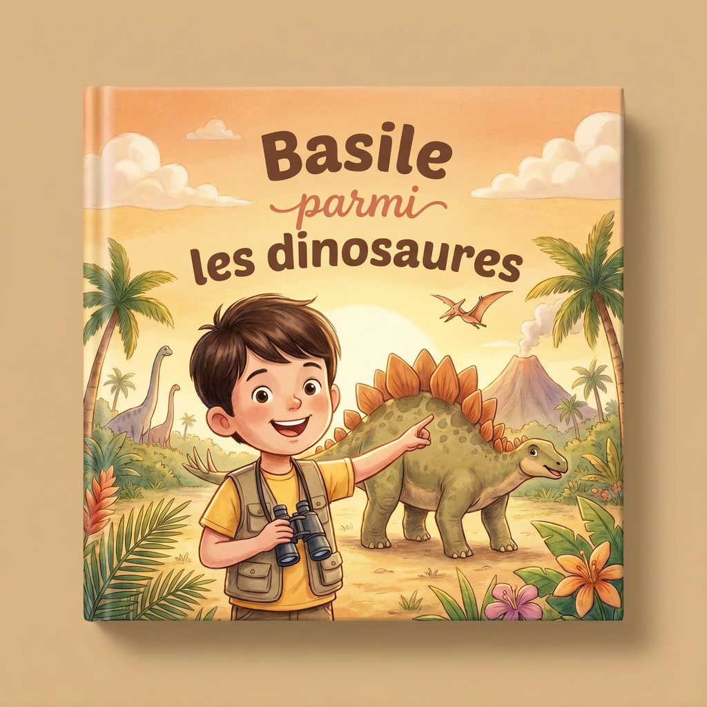 Livre fermé « Basile parmi dinosaures » sur fond neutre