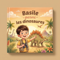 Livre fermé « Basile parmi dinosaures » sur fond neutre