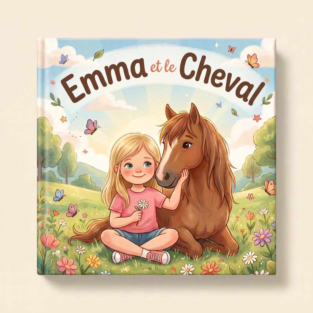 Livre personnalisé « Emma et le Cheval » sur fond clair et neutre