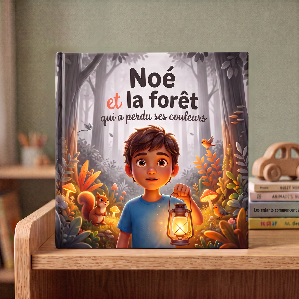 Livre fermé « Noé et la forêt qui a perdu ses couleurs » sur fond neutre