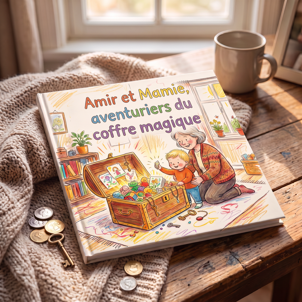 Livre fermé « Amir et Mamie, aventuriers du coffre magique » sur fond neutre