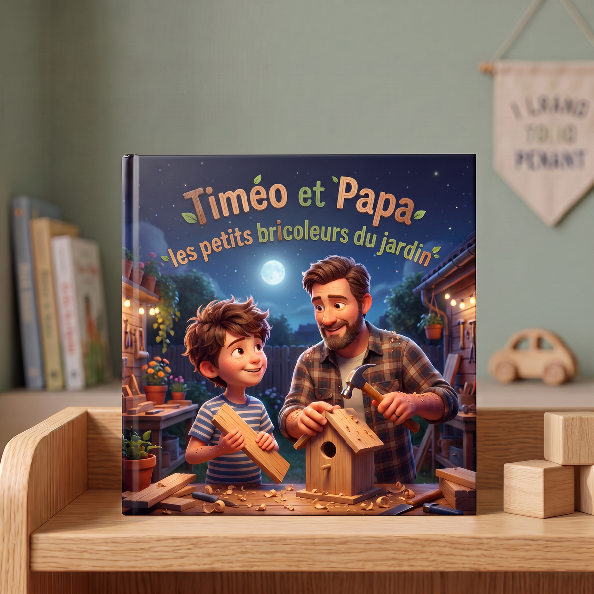Livre fermé « Timéo et Papa les petits bricoleurs du jardin » sur fond neutre