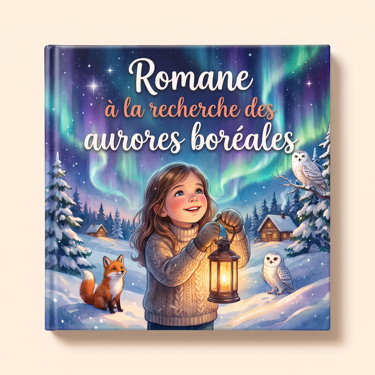 Livre personnalisé « Romane à la recherche des aurores boréales » sur fond clair et neutre
