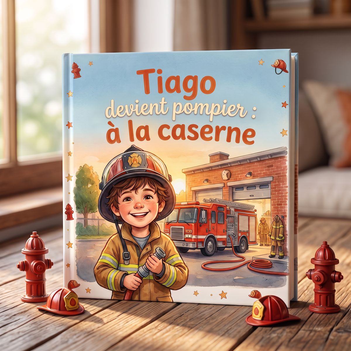 Livre fermé « Tiago devient pompier: à la caserne » sur fond neutre