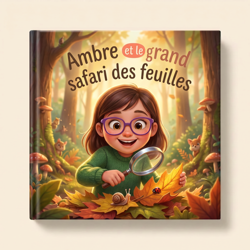 Livre fermé « Ambre et le grand safari des feuilles » sur fond neutre