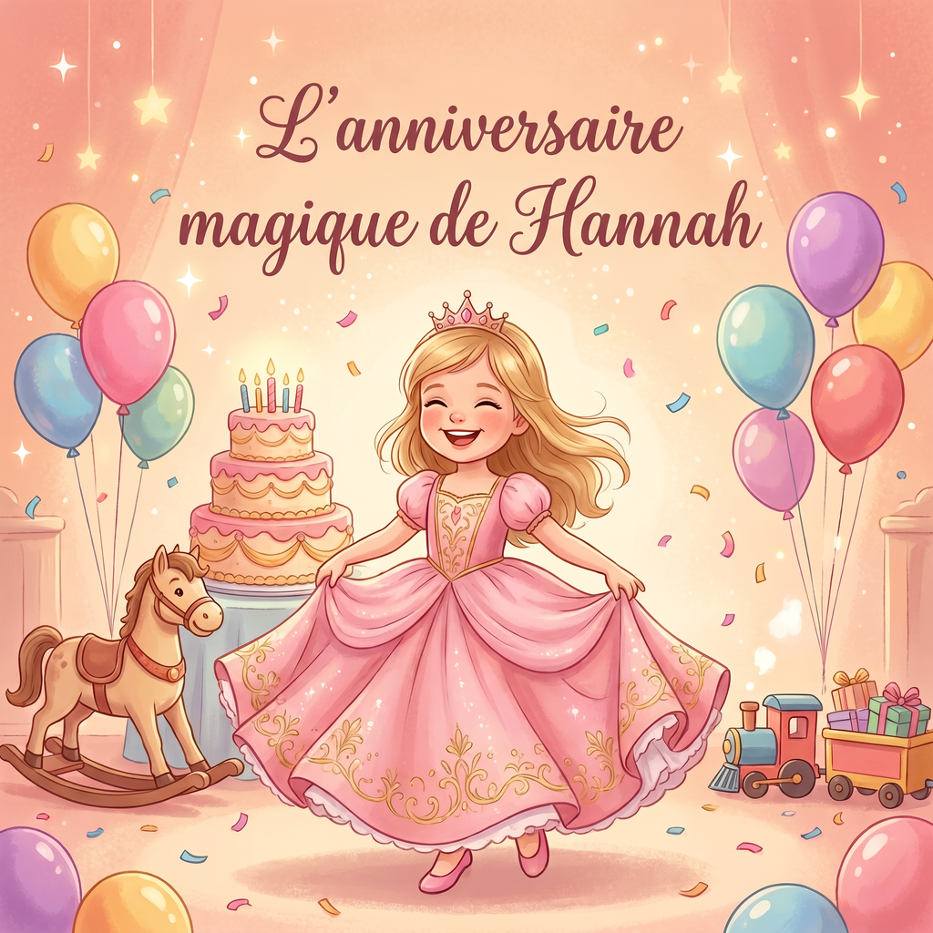 Couverture illustrée de « L’anniversaire magique de Hannah » avec Hannah en princesse