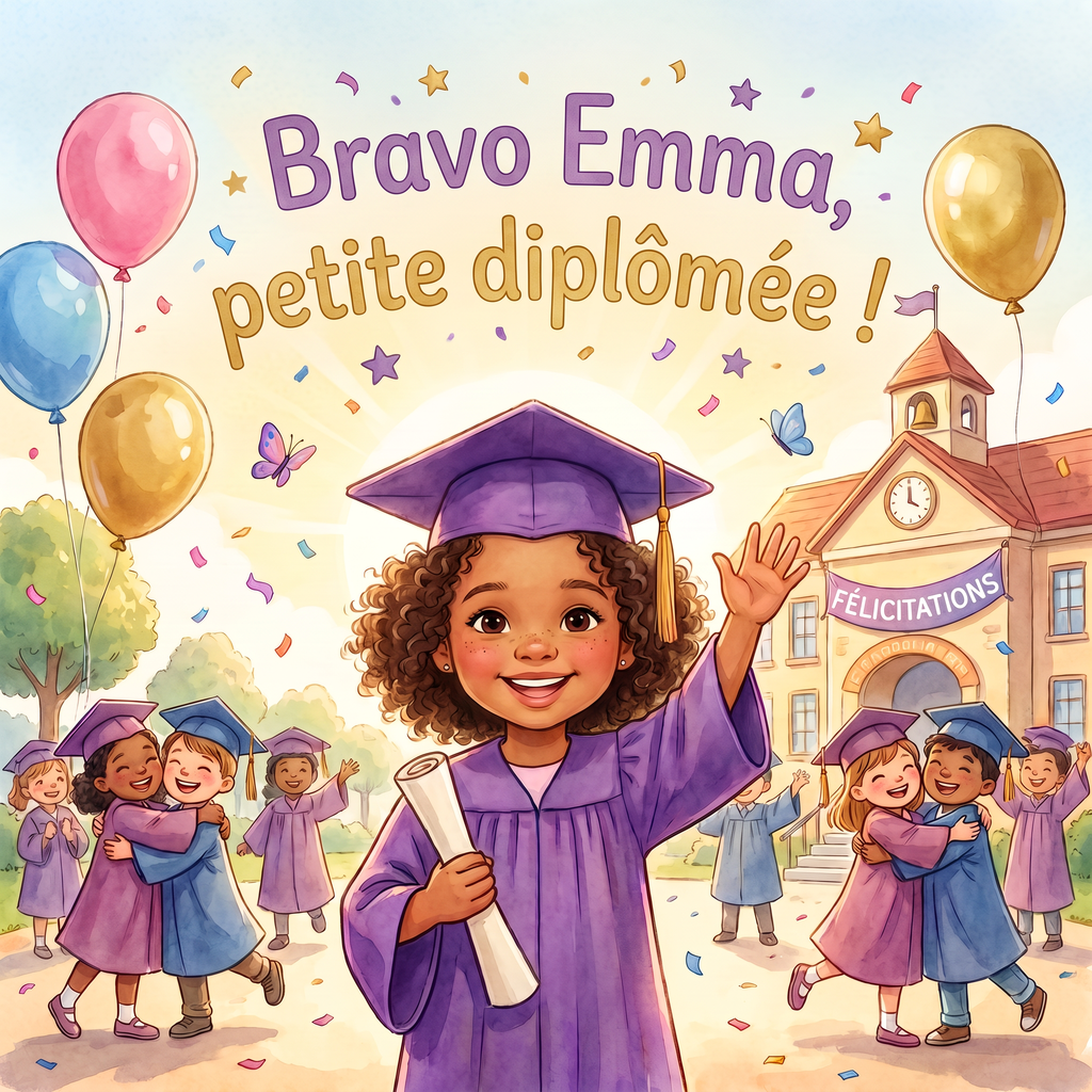 Couverture illustrée « Bravo Emma, petite diplômée ! » montrant Emma en tenue de remise de diplôme.