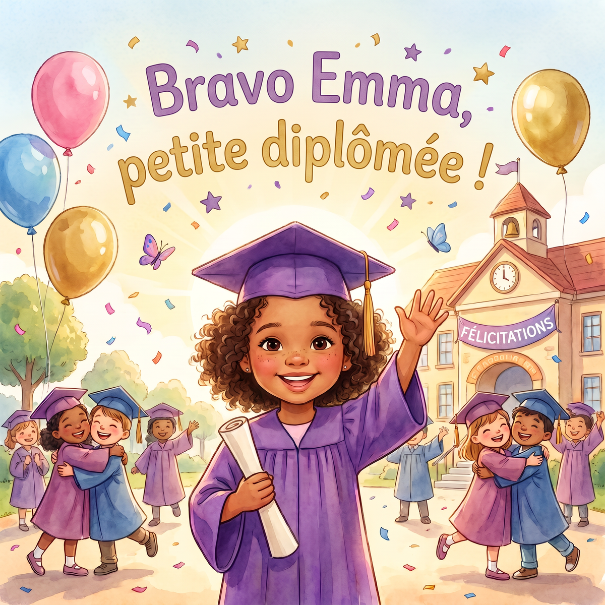 Couverture illustrée « Bravo Emma, petite diplômée ! » montrant Emma en tenue de remise de diplôme.
