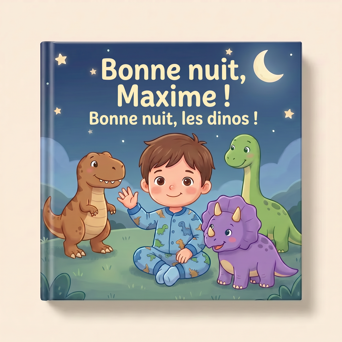 Livre personnalisé « Bonne nuit, Maxime! Bonne nuit, les dinos! » sur fond clair et neutre