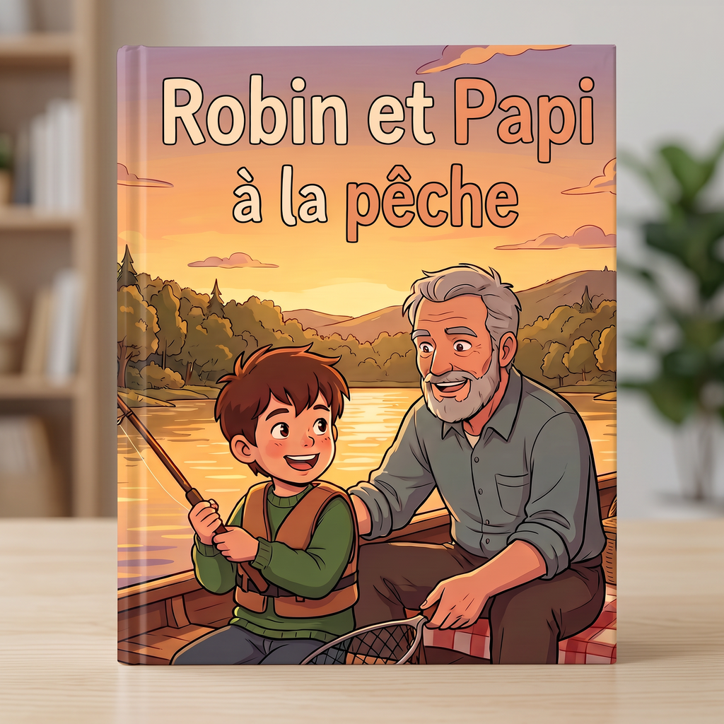 Livre fermé « Robin et Papi à la pêche » sur fond neutre