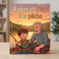 Livre fermé « Robin et Papi à la pêche » sur fond neutre