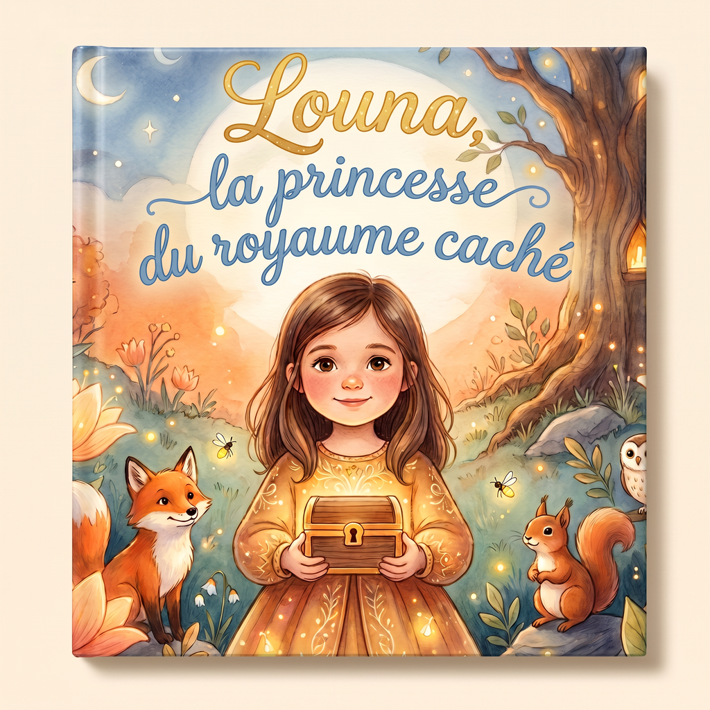 Livre personnalisé « Louna, la princesse du royaume caché » sur fond clair et neutre
