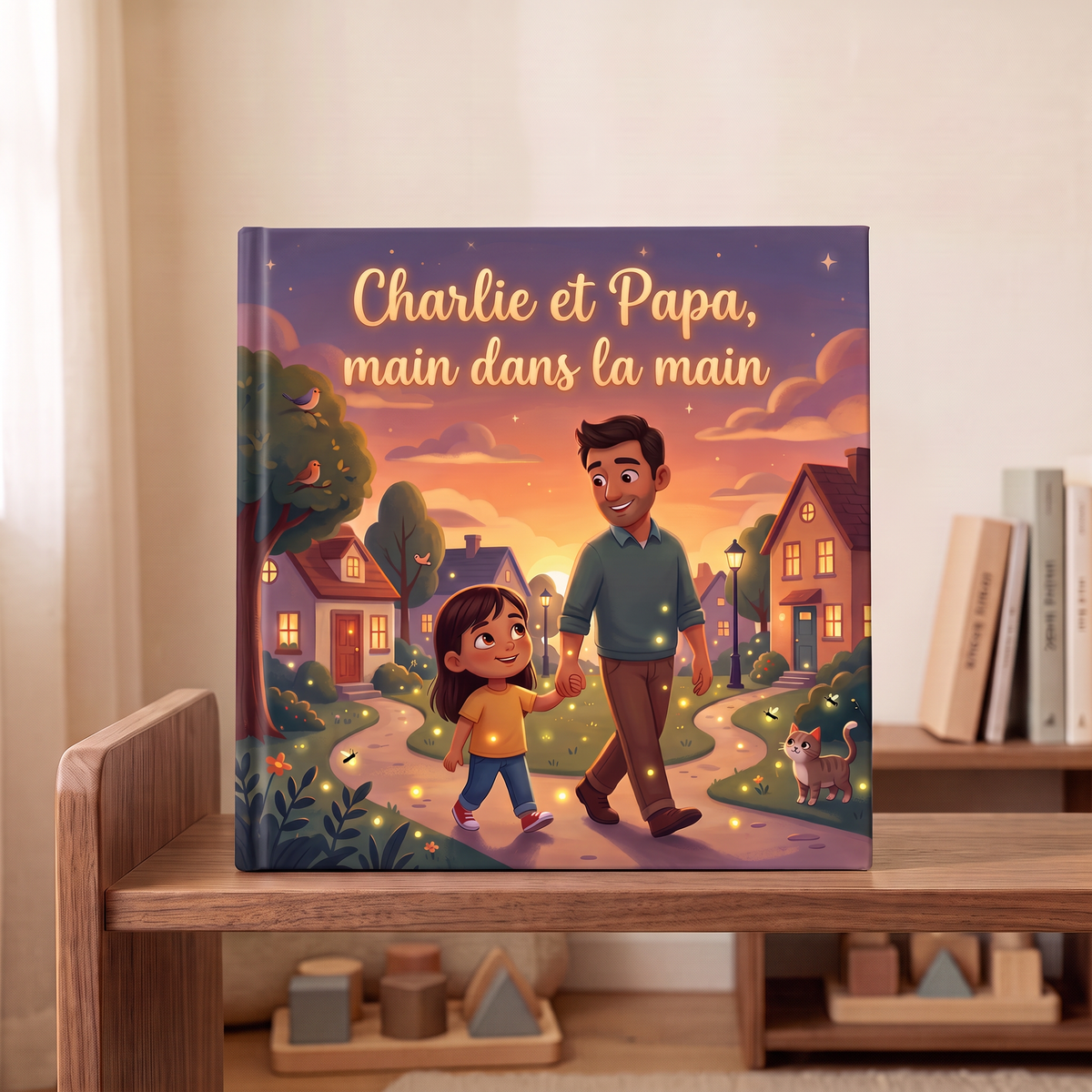 Livre fermé « Charlie et Papa, main dans la main » sur fond neutre
