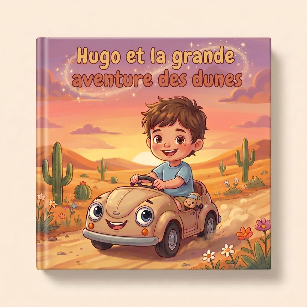 Livre personnalisé « Hugo et la grande aventure des dunes » sur fond clair et neutre