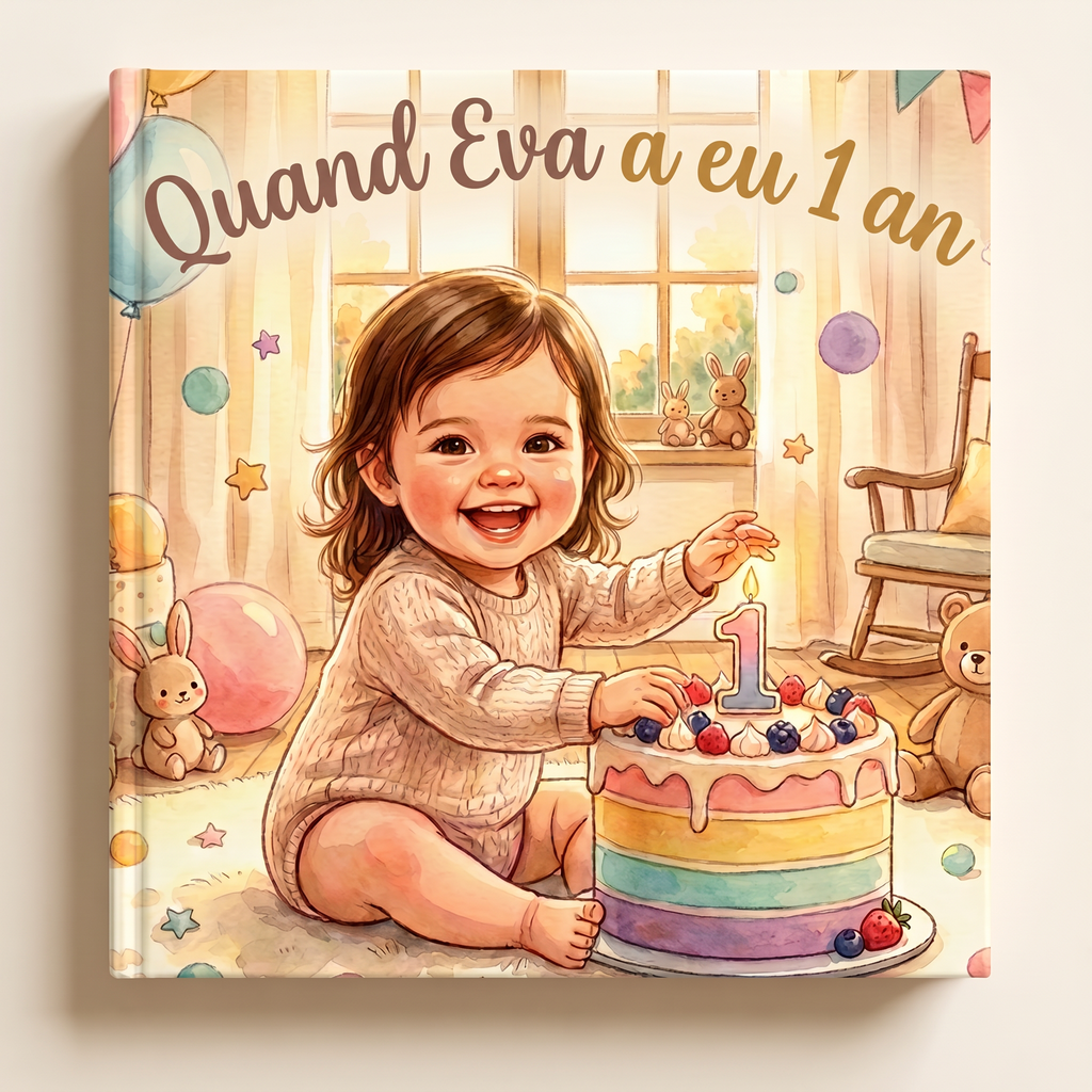 Livre fermé « Quand Eva a eu 1 an » sur fond neutre